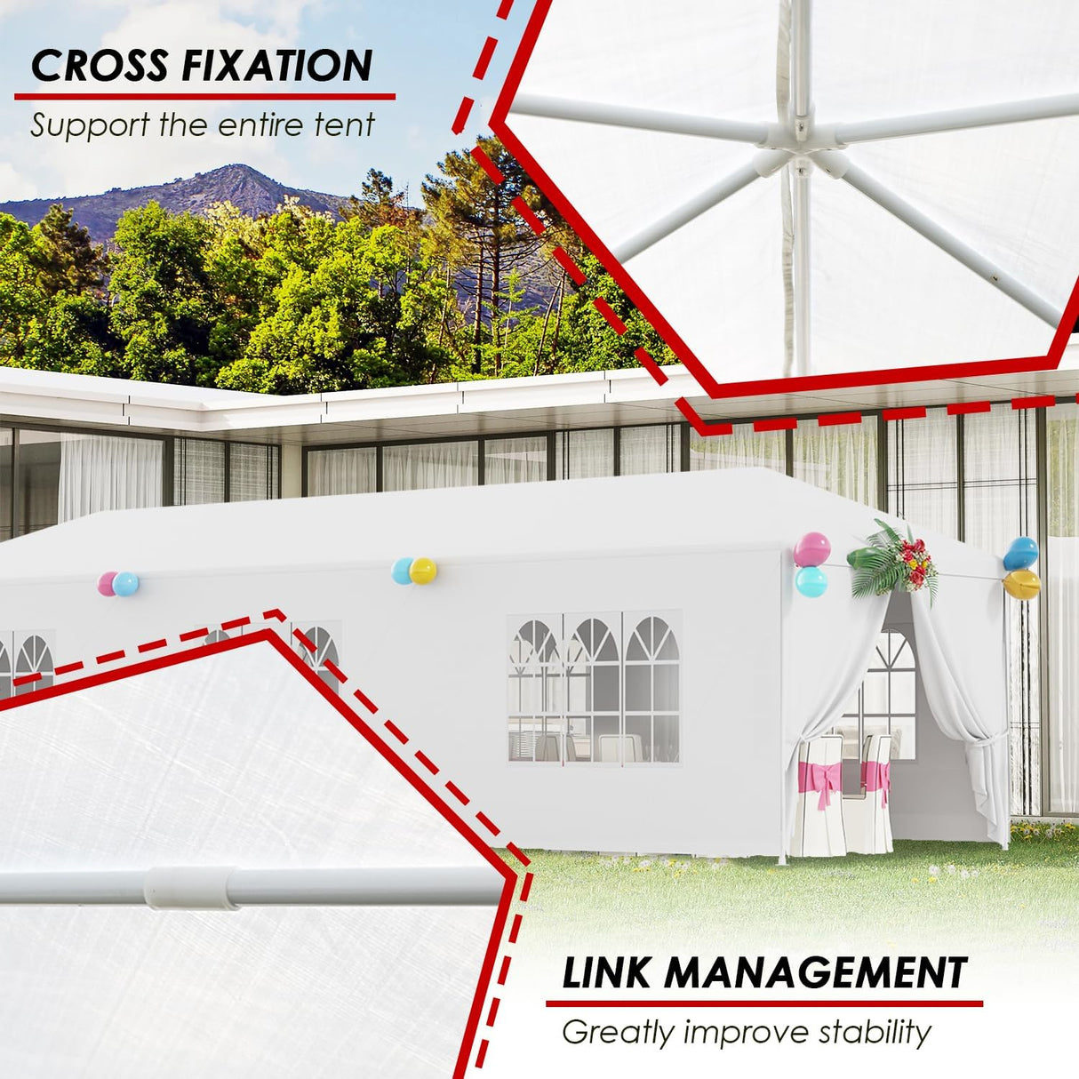 Carpa de fiesta 10x30 con 8 paredes removibles y toldo