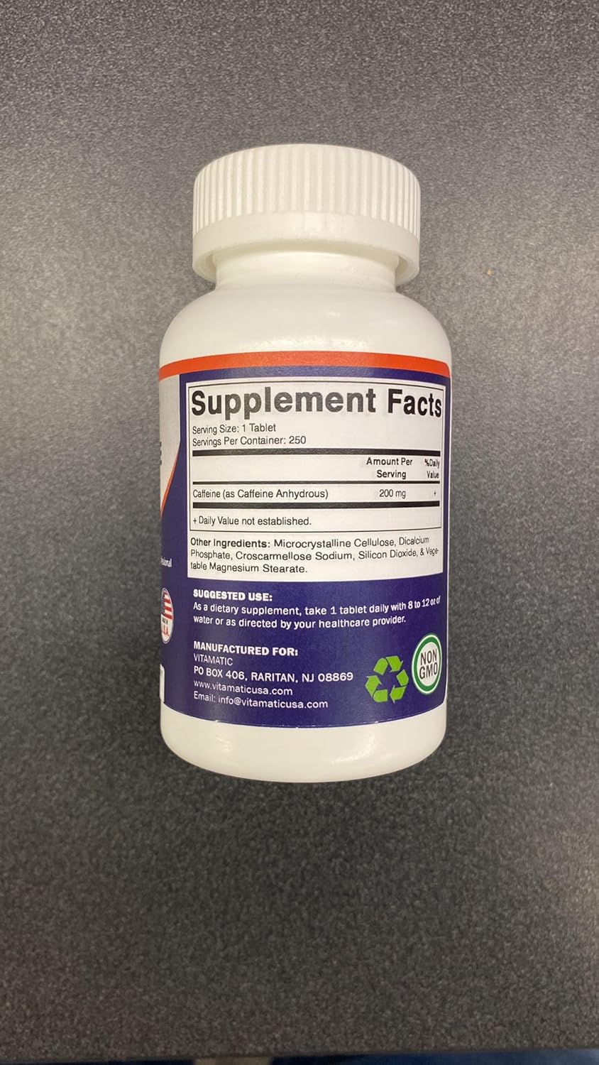 Píldoras de Cafeína Vitamatic 200mg, 250 Tabletas Vegetarianas