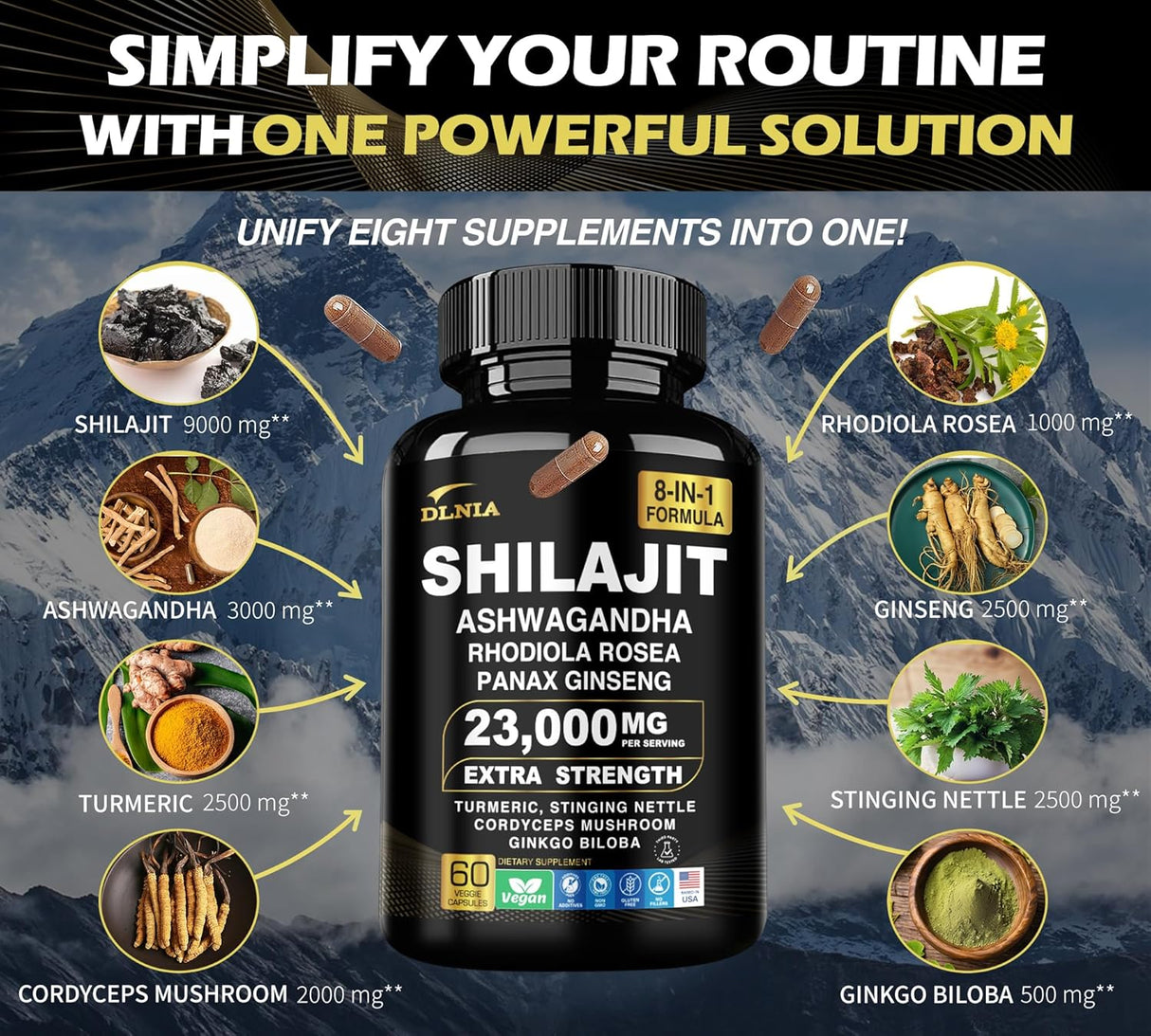Suplemento Orgánico Shilajit 9000MG con Adaptógenos 8 en 1