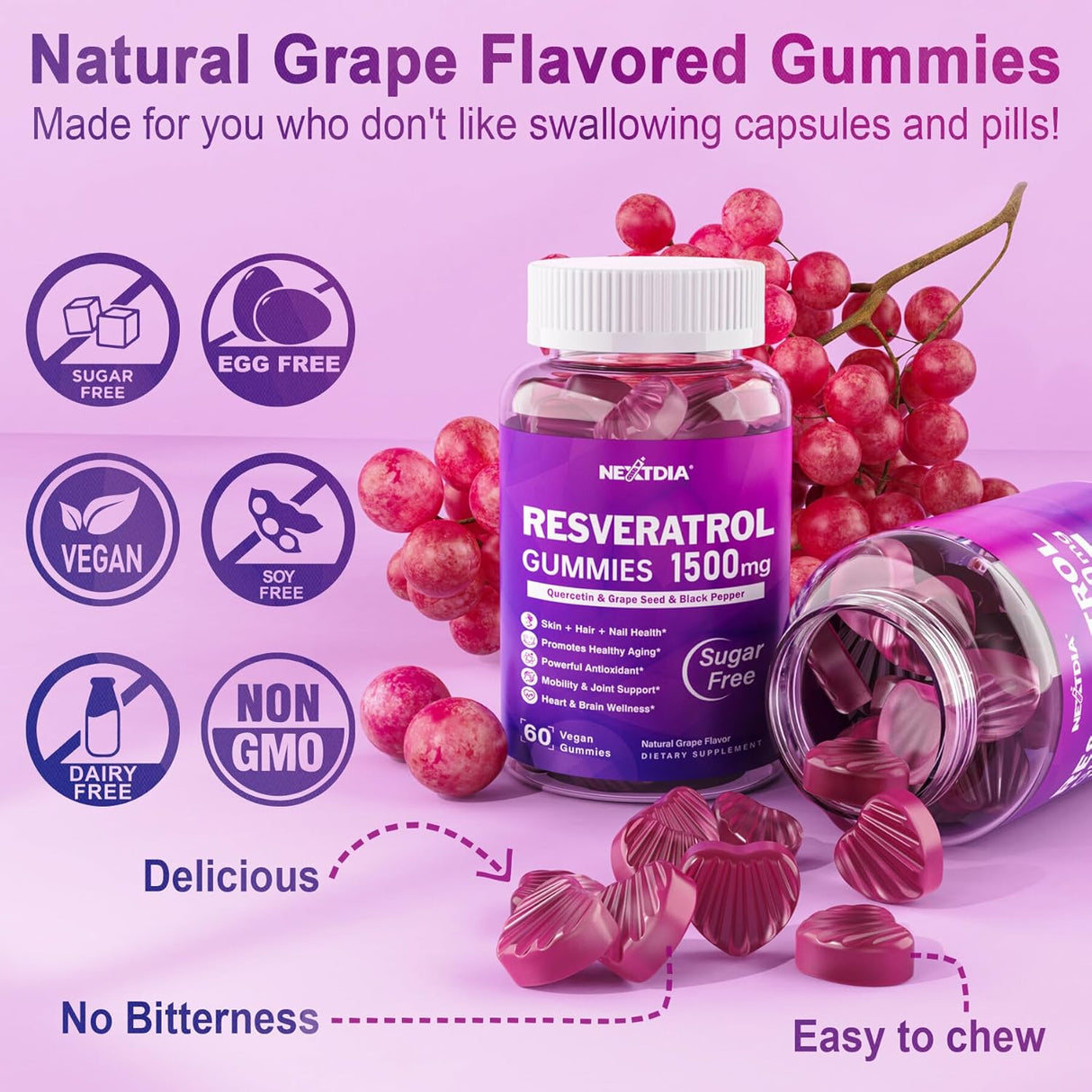 Suplemento Gomitas de resveratrol de 1500 mg  sin azúcar con quercetina