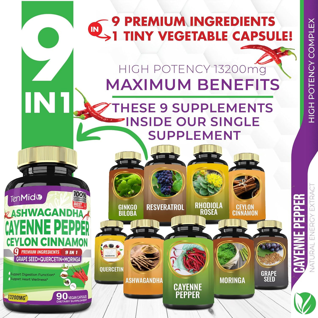 Cápsulas Suplemento Pimienta Cayena 13200mg, Salud Cardiovascular