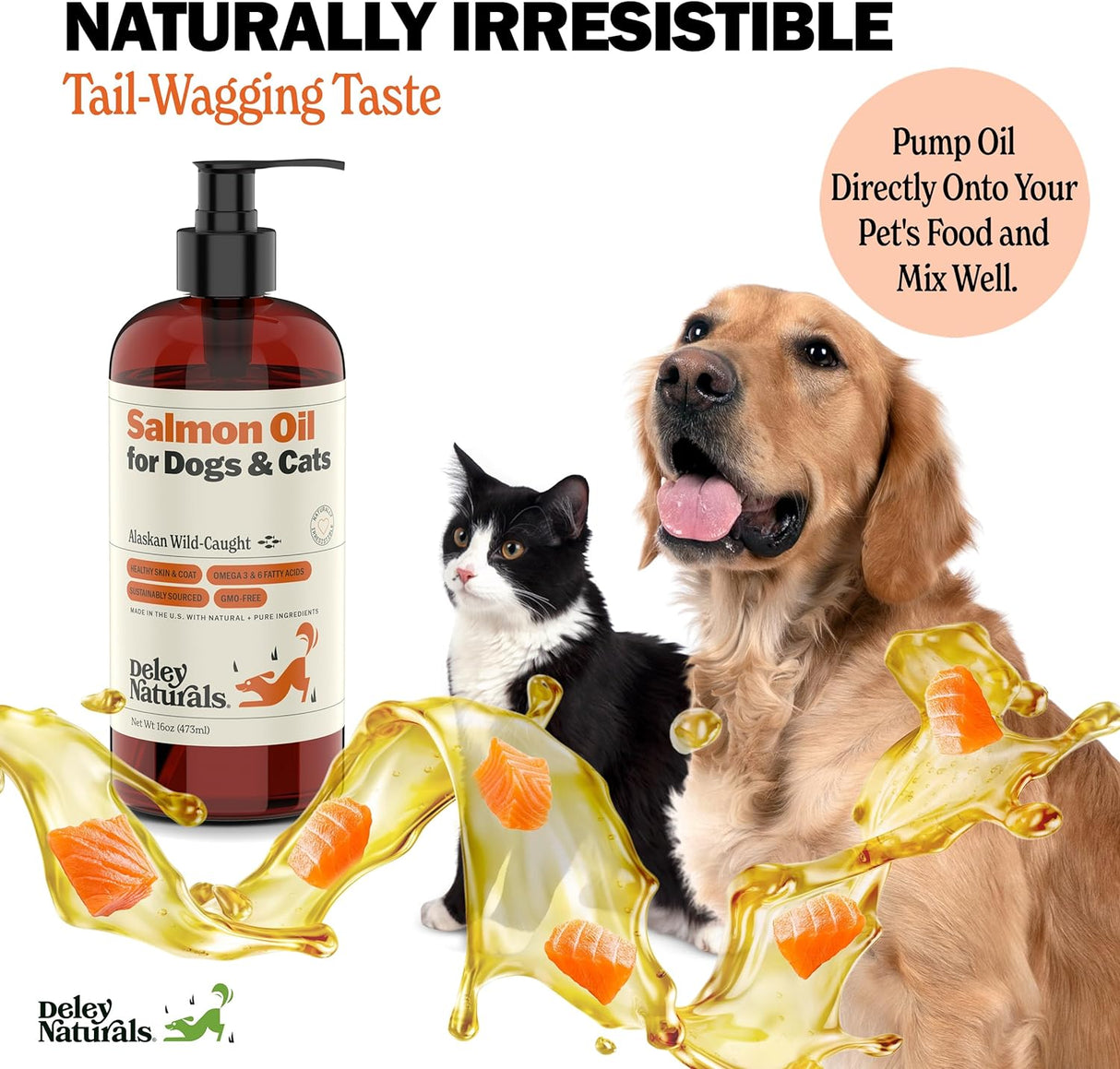 Deley Naturals Aceite de salmón capturado en la naturaleza de Alaska prémium para perros y gatos, suplemento de aceite de pescado rico en omega-3 para una piel, pelaje y articulaciones saludables, totalmente natural, de origen sostenible, 16 onzas