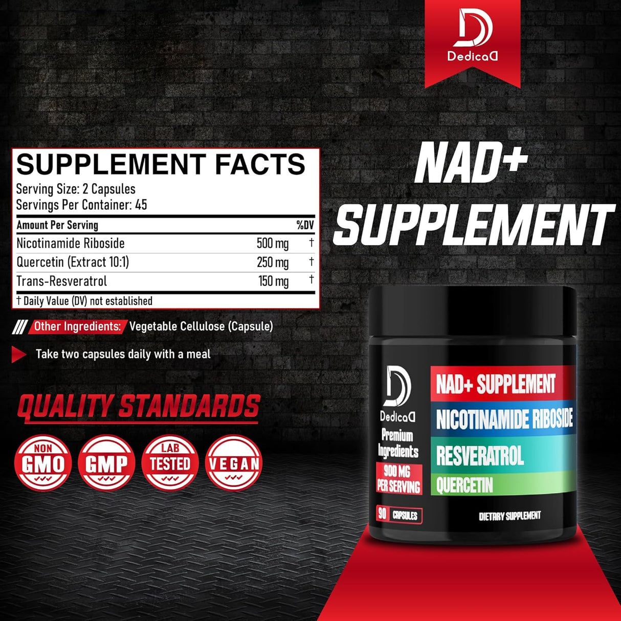Suplemento NAD+ 900mg NR, Resveratrol, Quercetina - 90 Cápsulas