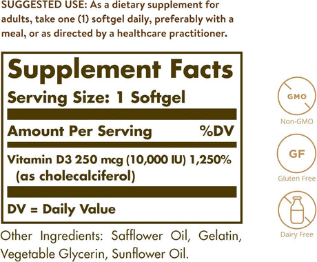 Solgar Vitamina D3 250 mcg 10,000 IU Suplemento 180 cápsulas