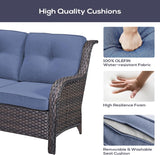 Belord Juego de sofá seccional para exteriores con mesa para fogata de propano, juego de conversación de mimbre para patio con 2 sillas giratorias mecedoras, cojín azul, perfecto para reuniones
