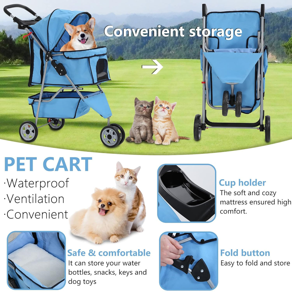 Carrito para perros, 3 ruedas, plegable, con canasta, modelo jogger