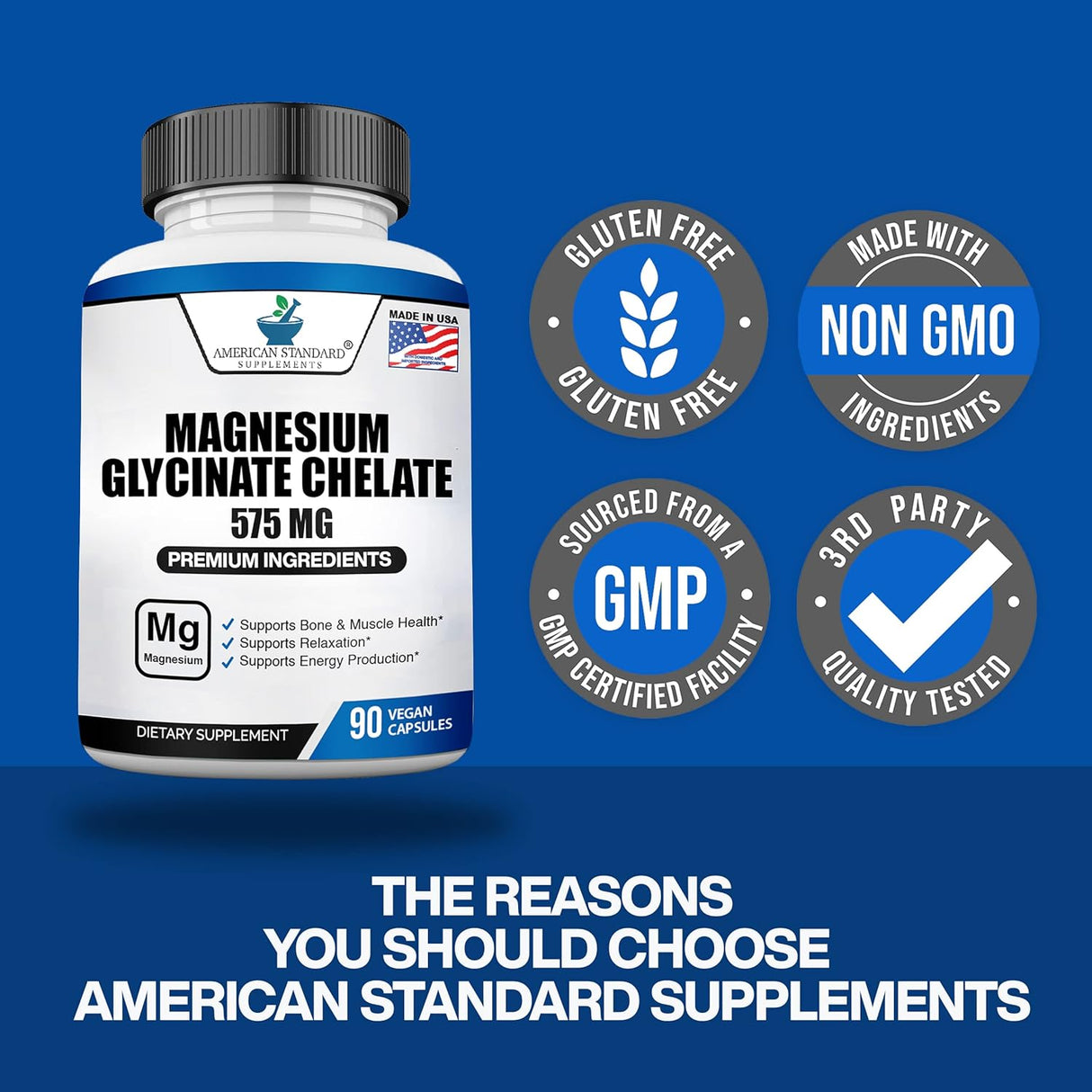 Suplemento de Magnesio Glycinato American Standard 575mg 90 cápsulas