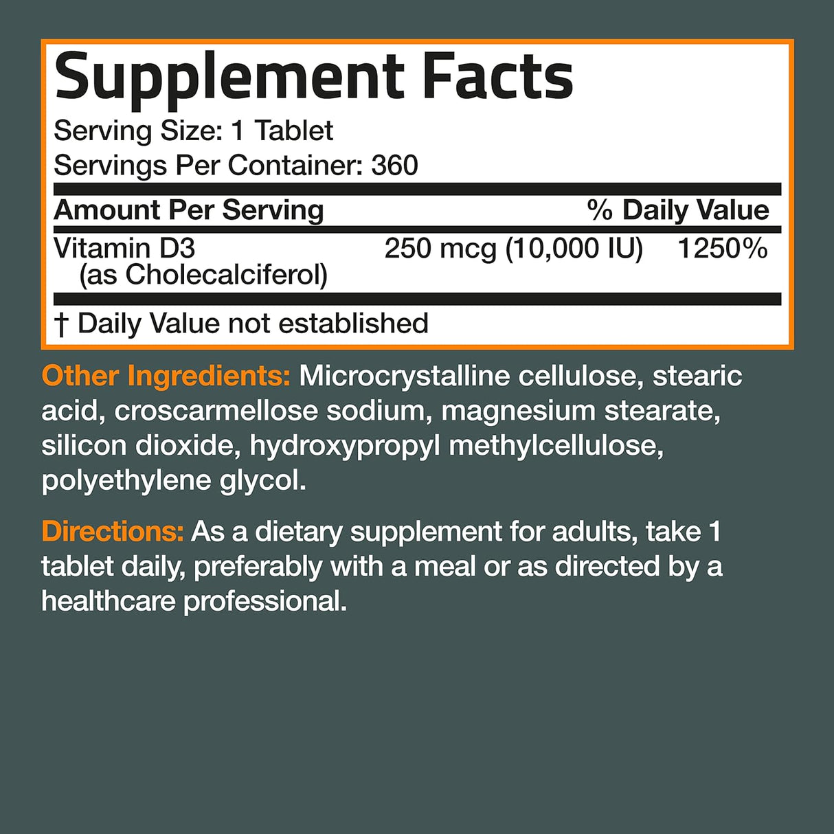 Suplemento de Vitamina D3 10,000 IU Bronson 360 Tabletas Non-GMO