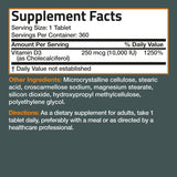 Suplemento de Vitamina D3 10,000 IU Bronson 360 Tabletas Non-GMO