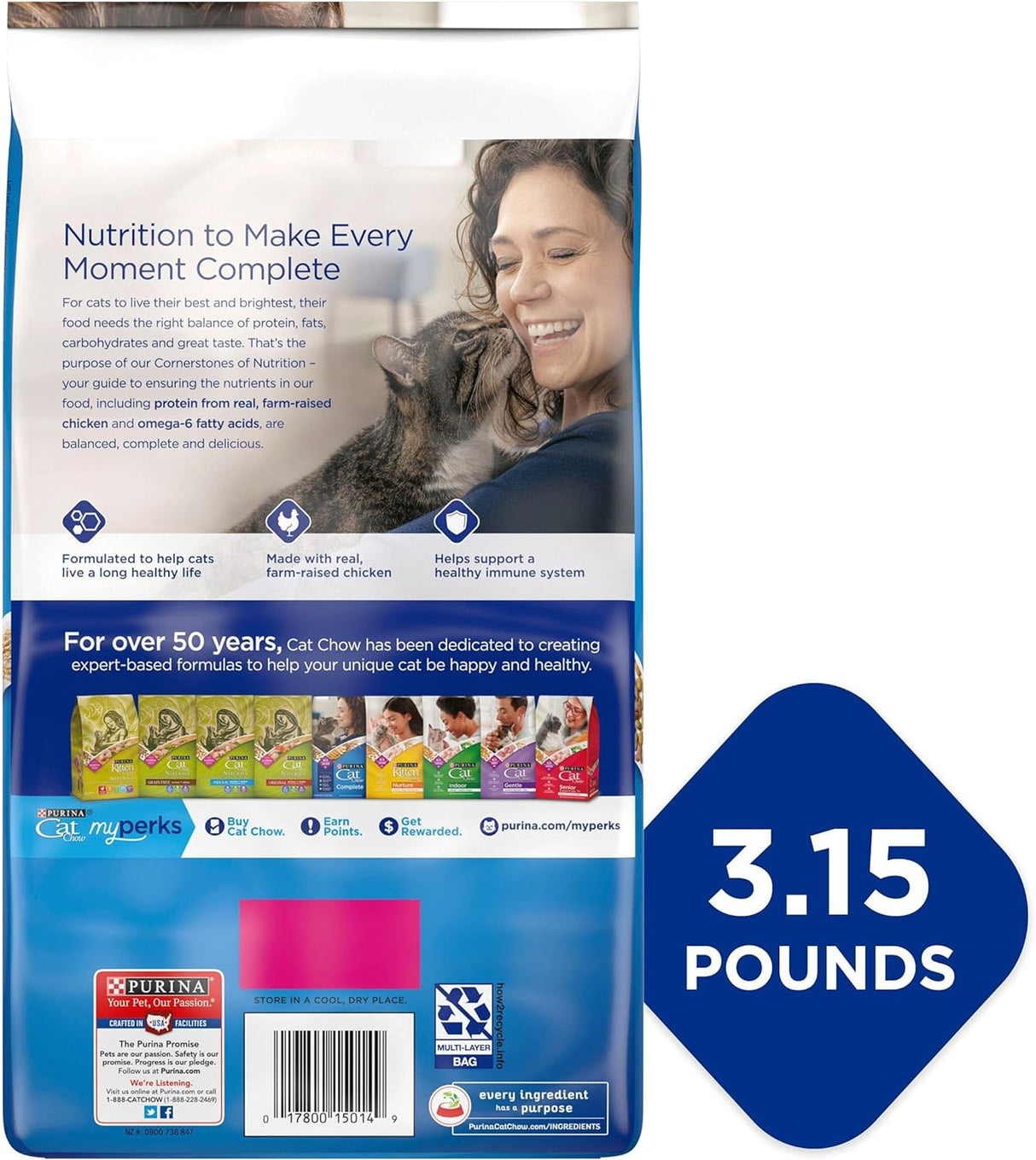 Purina Cat Chow Alimento seco para gatos alto en proteínas, completo - (4) bolsas de 3.15 libras