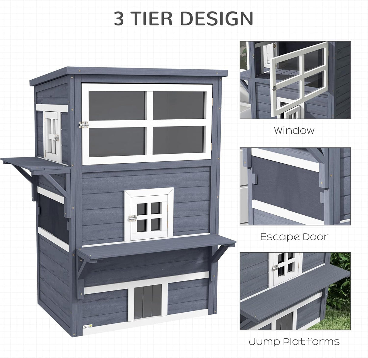 Casa para Gatos 3 Niveles PawHut, Refugio Exterior con Techo