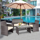 Goplus Juego de muebles de ratán para patio, 4 piezas, sofá y mesa de mimbre para exteriores con cojines suaves y mesa de centro de vidrio templado para balcón, jardín, patio trasero (beige (mimbre de color mixto))