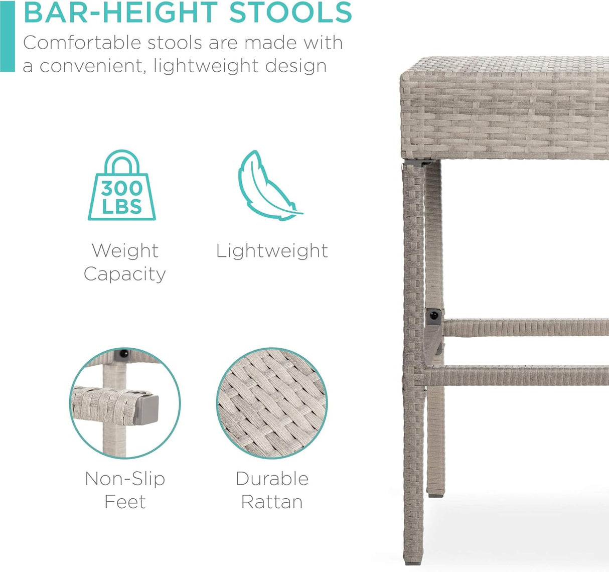 Best Choice Products Juego de mesa de mimbre de 5 piezas para patio, piscina, patio trasero con abridor de botellas integrado, estante de almacenamiento oculto, mesa de metal, 4 taburetes, color gris