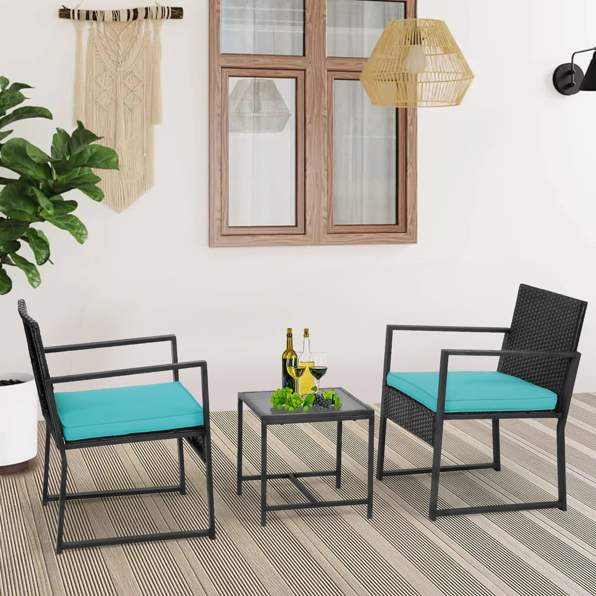FDW Juego de 3 piezas de muebles de patio para exteriores, sillas de mimbre para patio, muebles de ratán para exteriores, patio, porche, piscina, césped, cojín azul
