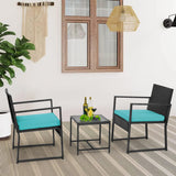 FDW Juego de 3 piezas de muebles de patio para exteriores, sillas de mimbre para patio, muebles de ratán para exteriores, patio, porche, piscina, césped, cojín azul