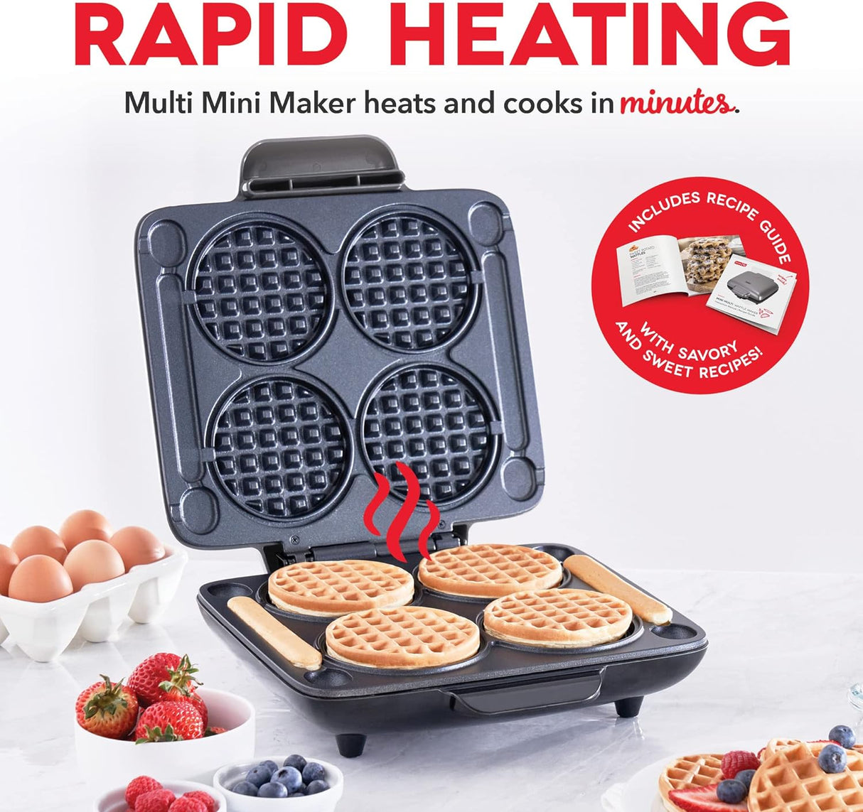 Mini Waffle Maker DASH - 4 Moldes, Super Rápido y Antiadherente