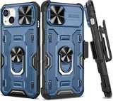 VEGO Funda para iPhone 13 con funda de clip para cinturón, cubierta deslizante para cámara y anillo magnético giratorio de 360°, soporte de grado militar, protección resistente para iPhone 13 de 6.1 pulgadas, color azul oscuro