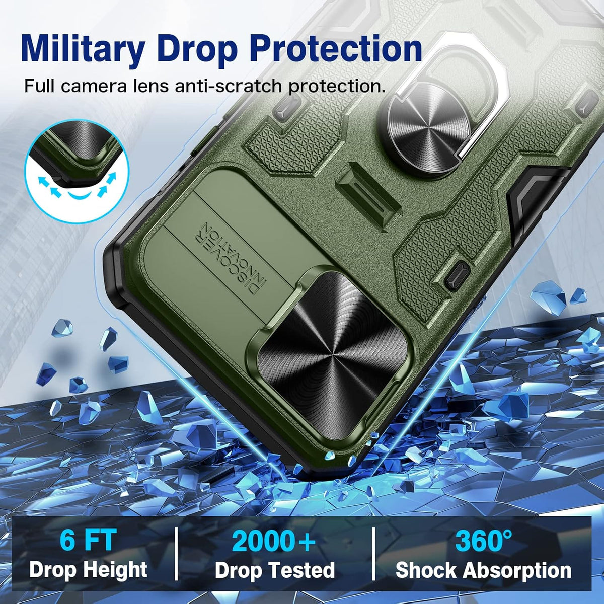 VEGO Funda para iPhone 13 con funda de clip para cinturón, cubierta deslizante para cámara y anillo magnético giratorio de 360°, soporte de grado militar, protección resistente para iPhone 13 de 6.1 pulgadas, color verde oscuro