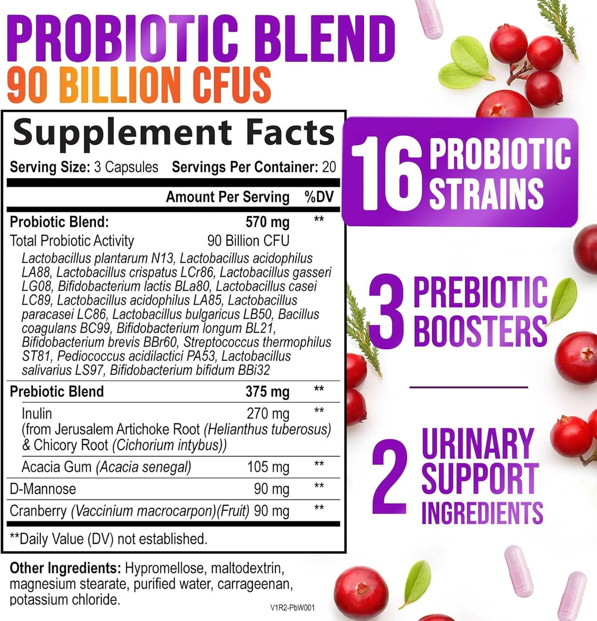 Probióticos para Mujeres - 90B CFU, 16 Cepas, Cranberry, 60 caps