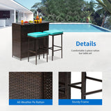 FDW Juego de 3 piezas de muebles de patio y bar, juego de muebles de mimbre con dos taburetes para patio, balcón, cojín azul