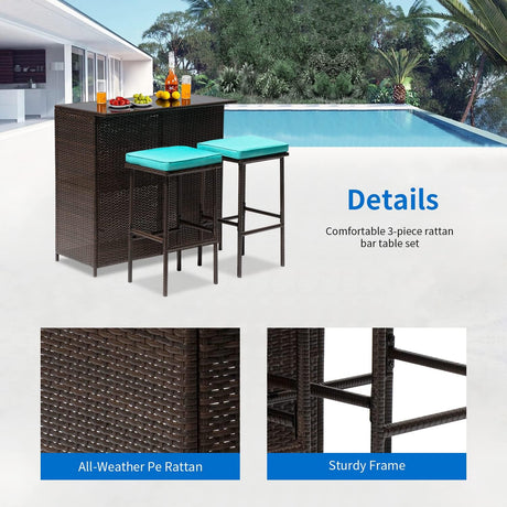 FDW Juego de 3 piezas de muebles de patio y bar, juego de muebles de mimbre con dos taburetes para patio, balcón, cojín azul