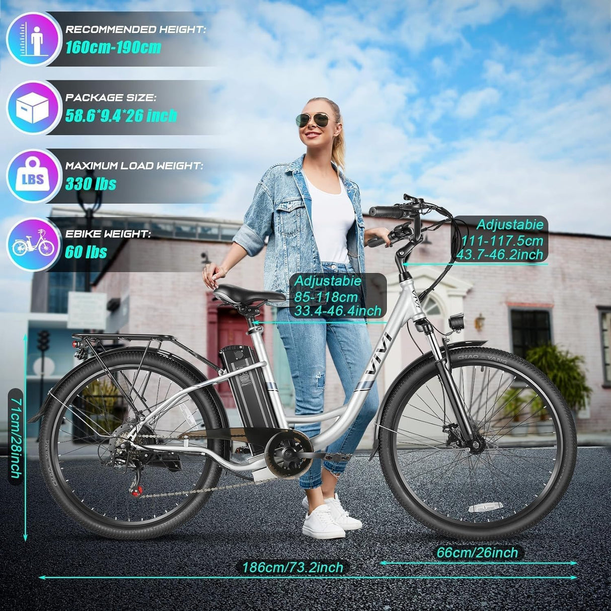 Bicicleta Eléctrica Vivi 750W, 50 millas, Control de Crucero