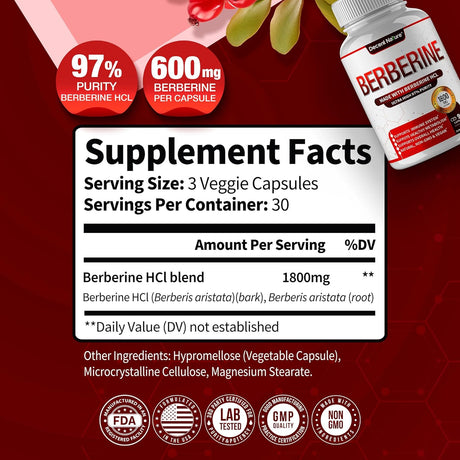 Suplemento de Berberina 1800mg - Alta Pureza, 90 Cápsulas