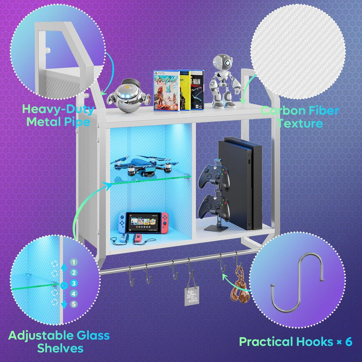 Estantería Flotante LED Bestier, Ajustable, 25 con Ganchos