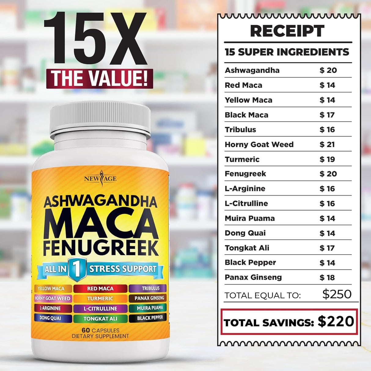 Suplemento de Ashwagandha Maca y Fenogreco con Ginseng