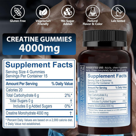 Gomitas de Creatina Monohidrato 4000mg Sin Azúcar, 60u