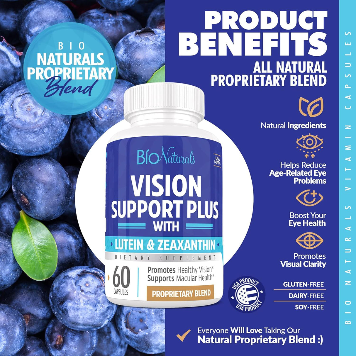 Suplemento vitamínico para los ojos con luteína, zeaxantina, licopeno, arándano, quercetina y más, mezcla patentada totalmente natural que apoya la visión y la salud macular, 60 cápsulas