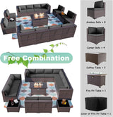 ALAULM Juego de 15 muebles de patio para exteriores con mesa para fogata de propano, juegos de sofás seccionales para exteriores, muebles de patio, fogata de gas de 43 pulgadas, juego de conversación de ratán de polietileno marrón con 12 cojines (gris)