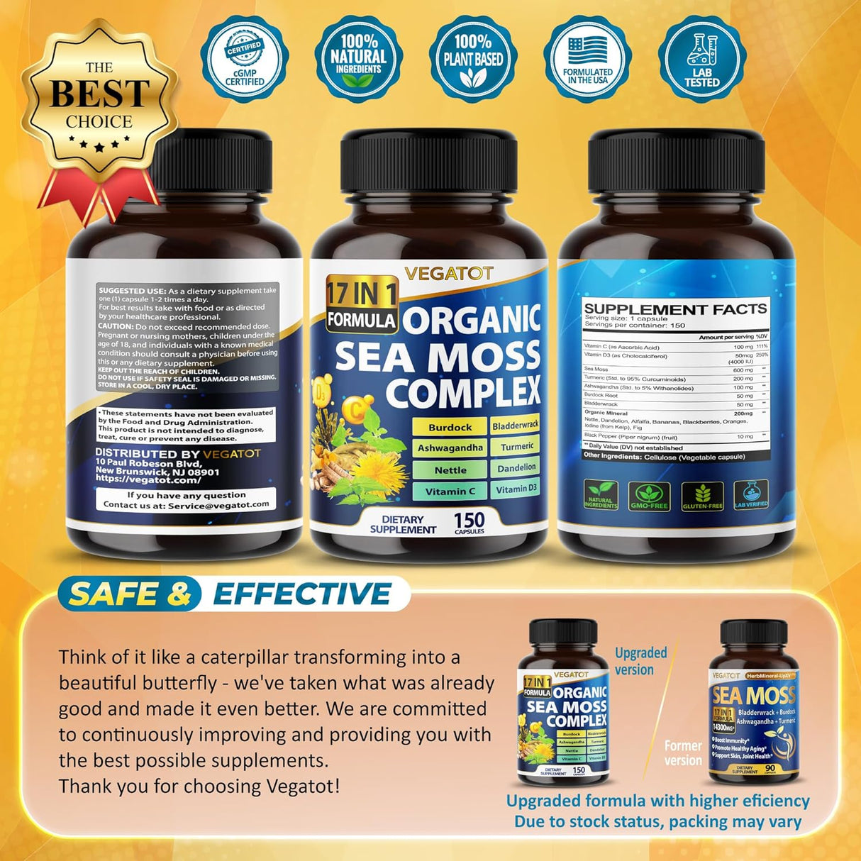 Sea Moss con Bladderwrack, Burdock y Ashwagandha, 150 cápsulas
