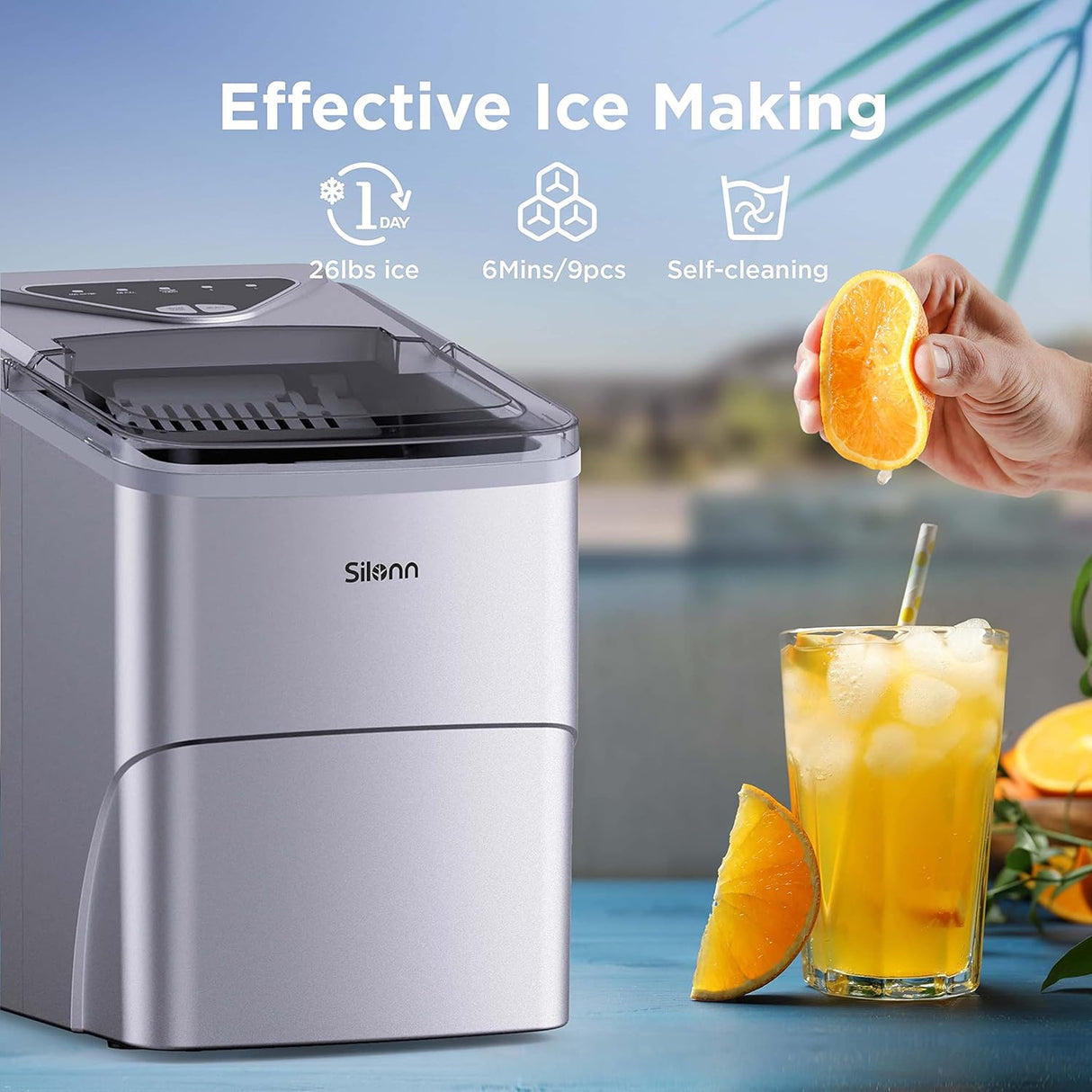 Máquina de Hielo Silonn, 9 Cubos en 6 Min, Auto-Limpieza