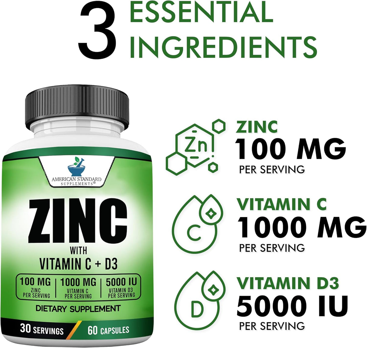 Suplemento de Zinc, Vitamina C y D3 American Standard 60 cápsulas