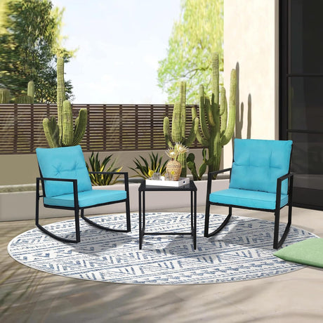 SUNCROWN Juego de 3 piezas de bistró mecedora para exteriores, muebles de mimbre negro, sillas de porche, juegos de conversación con mesa de café de cristal, azul claro