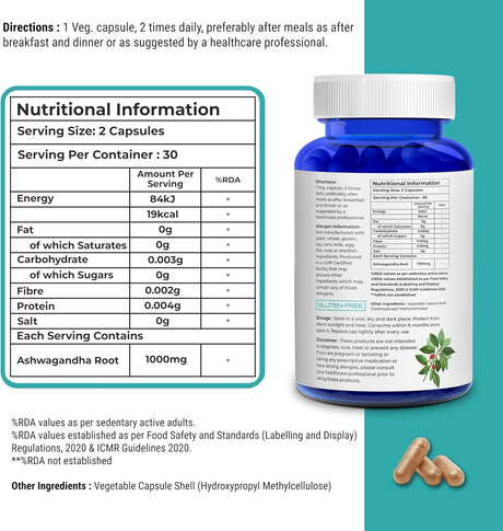 Cápsulas de Ashwagandha 1000mg - Suplemento Natural 60 Veganas