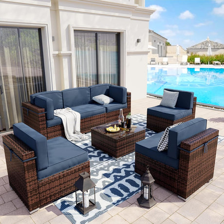 UDPATIO Juego de muebles de patio, muebles modulares de ratán para exteriores, juego de muebles seccionales de mimbre para patio trasero, cubierta, junto a la piscina con mesa de centro de cristal, 7 piezas, azul (incluye funda de sofá)
