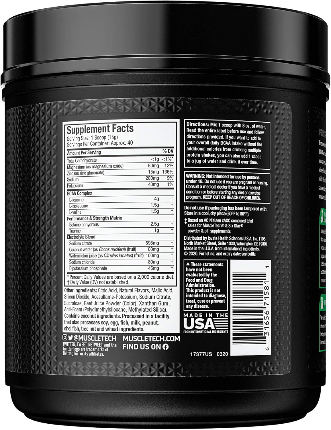 Suplementos MuscleTech BCAA Aminoácidos polvo de electrolito