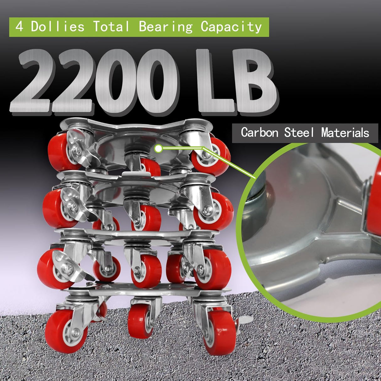 Dolly Móvil Grande, Carbono, 5 Ruedas, Carga 2200Lbs, Modelo X