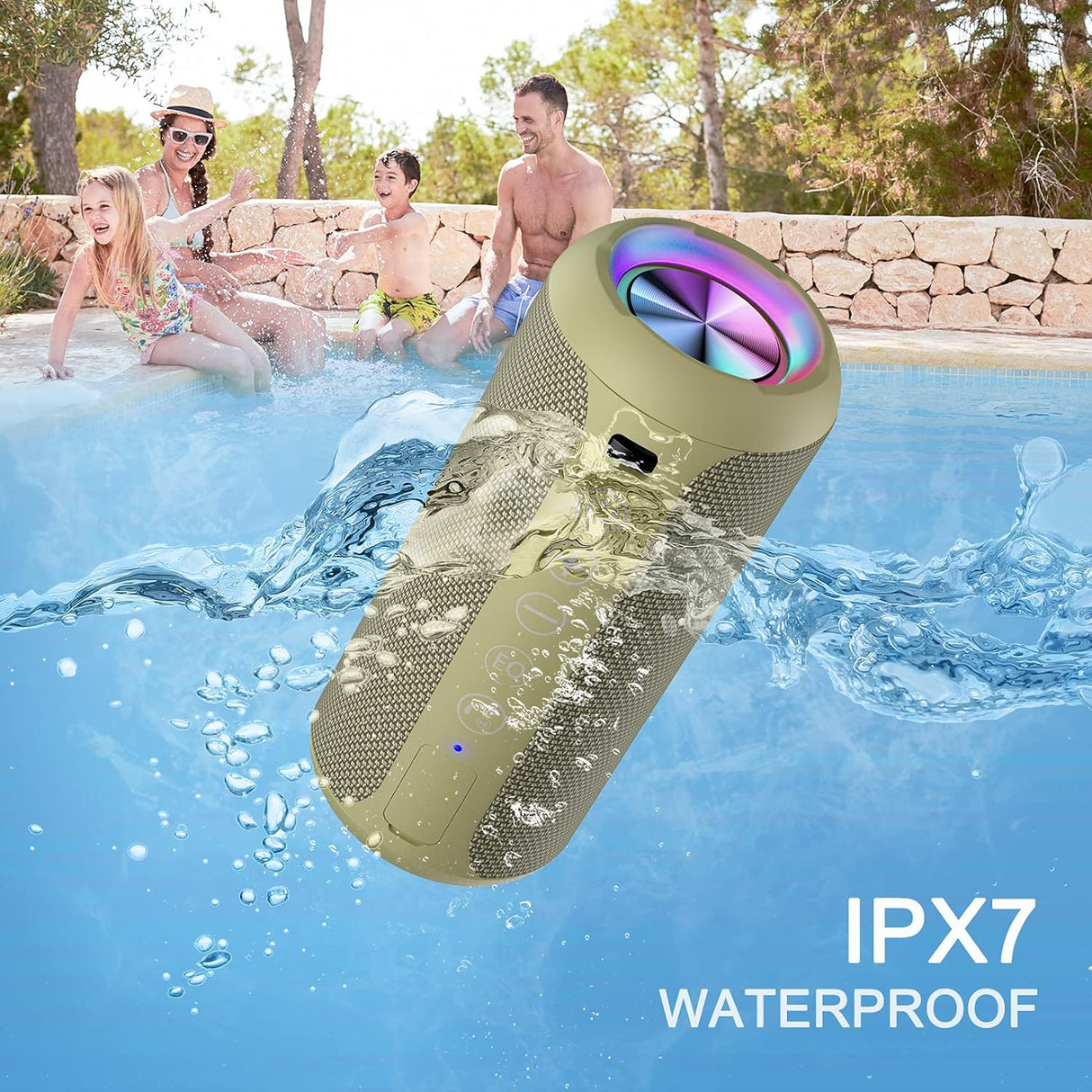Parlante Bluetooth 5.3 inalámbrico IPX7, sonido estéreo 24W, RGB