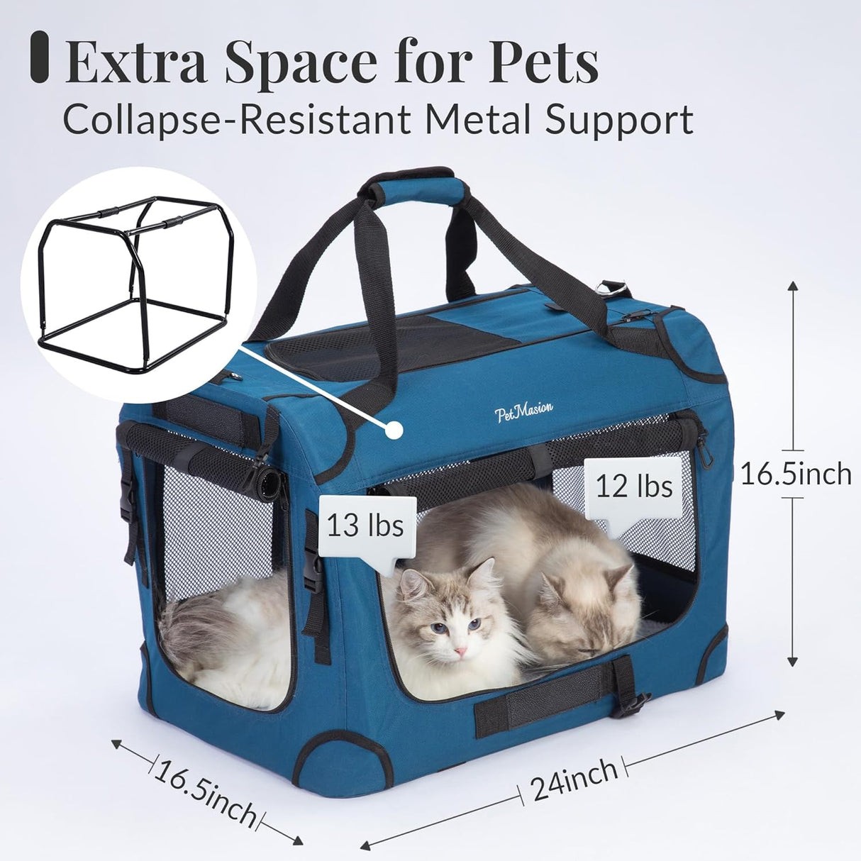 Transportín Extra Grande para 2 Gatos, Plegable, 24x16.5