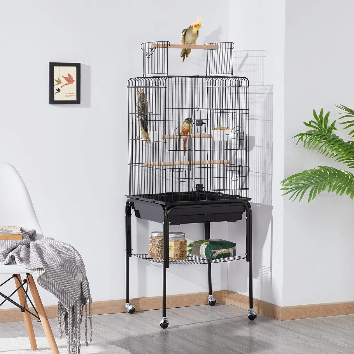 Jaula de loro con tapa abierta con soporte desmontable