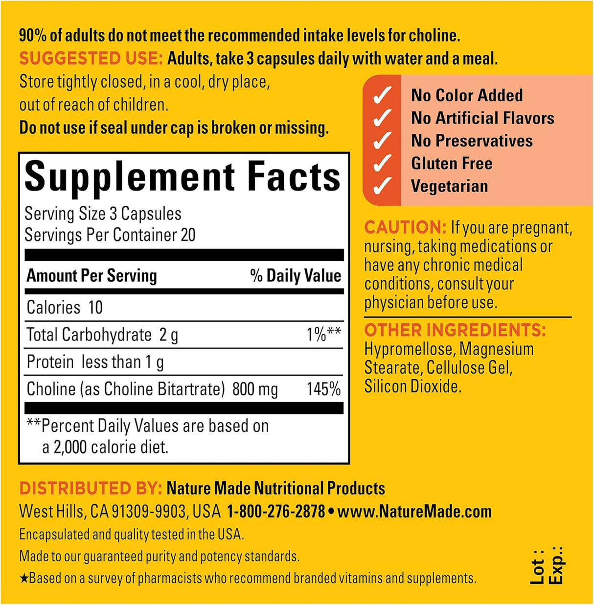 Suplementos de Colina 800 mg - Nature Made, 60 Cápsulas