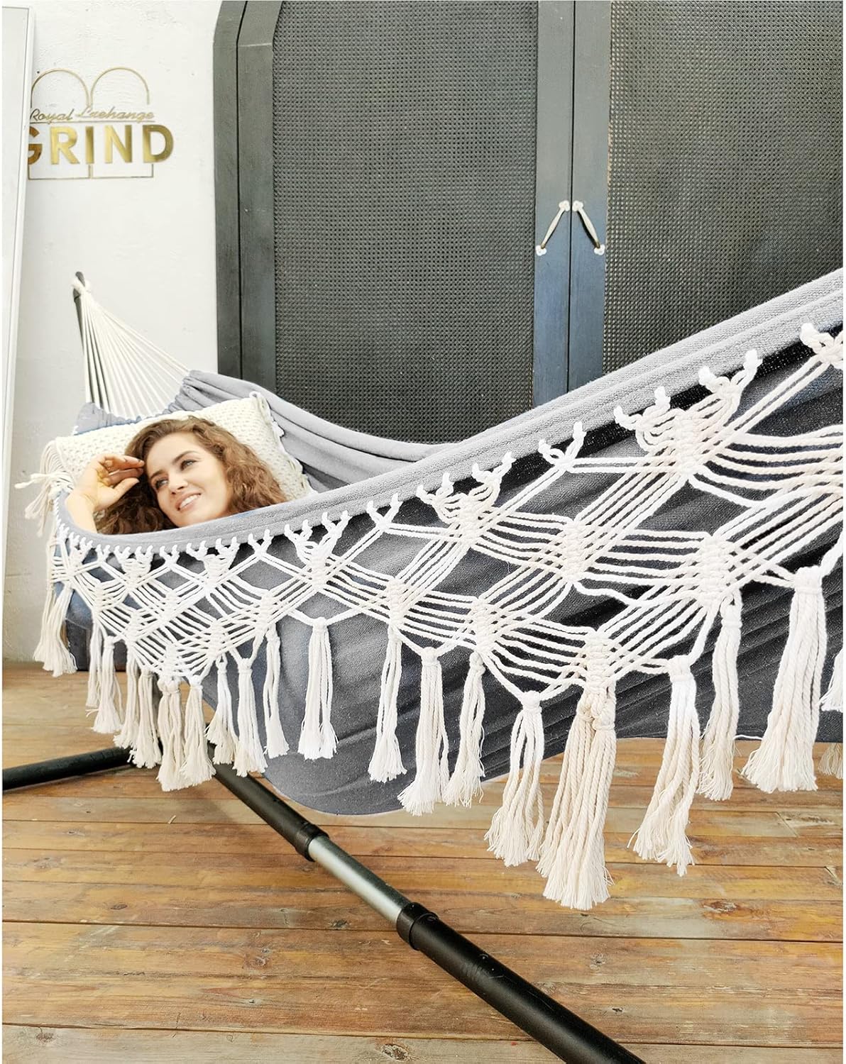 Hamaca Anyoo de Algodón con Borlas, Soporta 450lbs, Deluxe