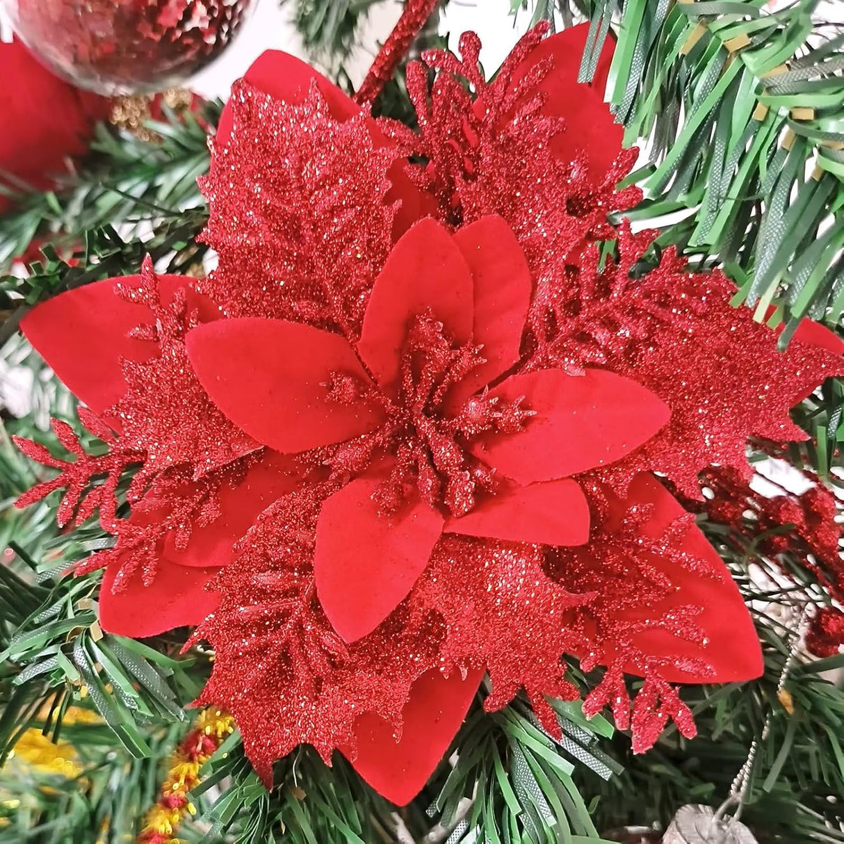 Flores Poinsettia Artificiales con Clips y Tallos, 15 Pcs