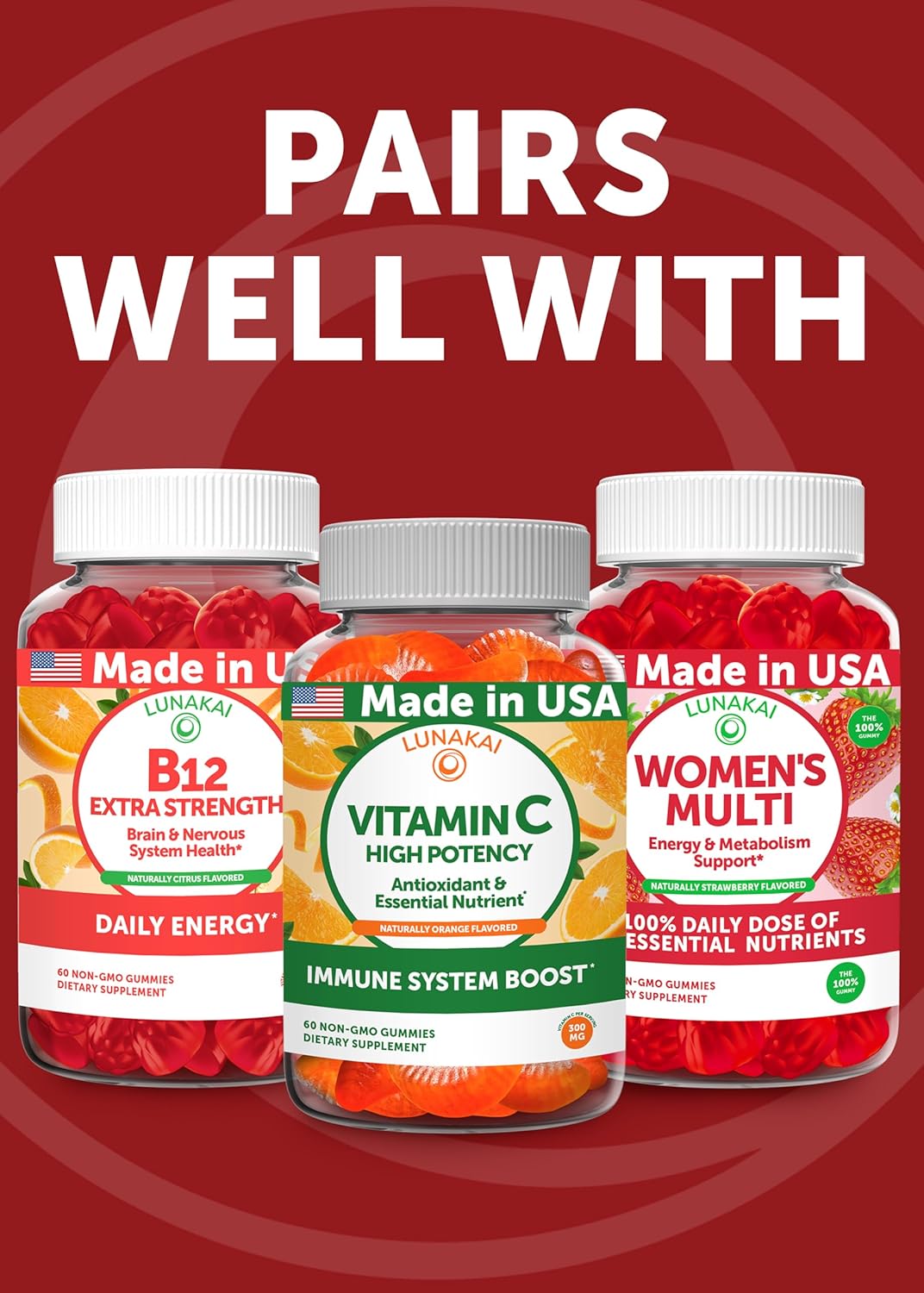 Lunakai Gomas de Hierro Veganas con Vitamina C, B12 y Methylfolato