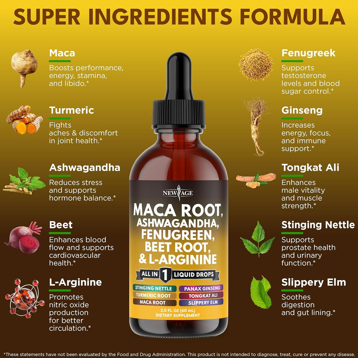 Suplemento líquido de maca, ashwagandha, ortiga y más, 2oz