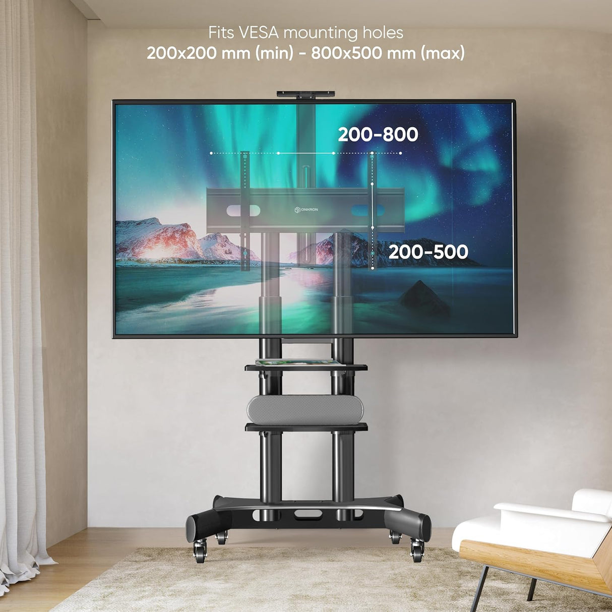 Soporte móvil para TV ONKRON, ajustable, VESA 800x500, 200 lbs