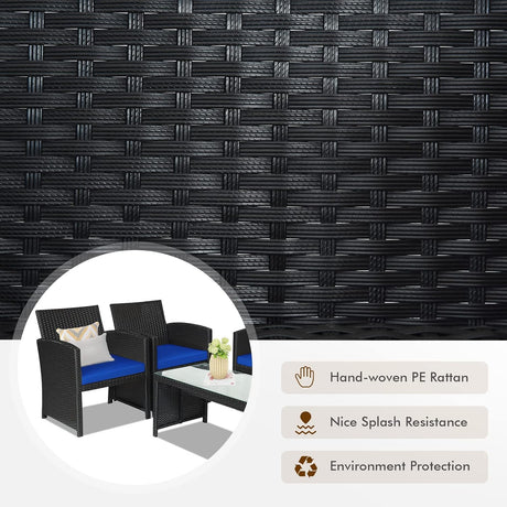 Goplus Juego de muebles de ratán para patio, 4 piezas, sofá y mesa de mimbre para exteriores con cojines suaves y mesa de centro de vidrio templado para balcón, jardín, patio trasero (azul)